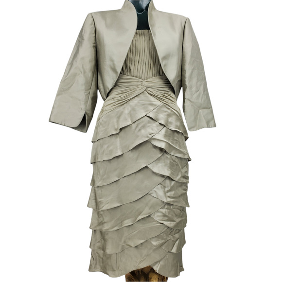 ADRIANNA PAPPEL Satin Champagne Formal Shutter Pleaded Midi Jacket Dress 10 1333 - Picture 1 of 12